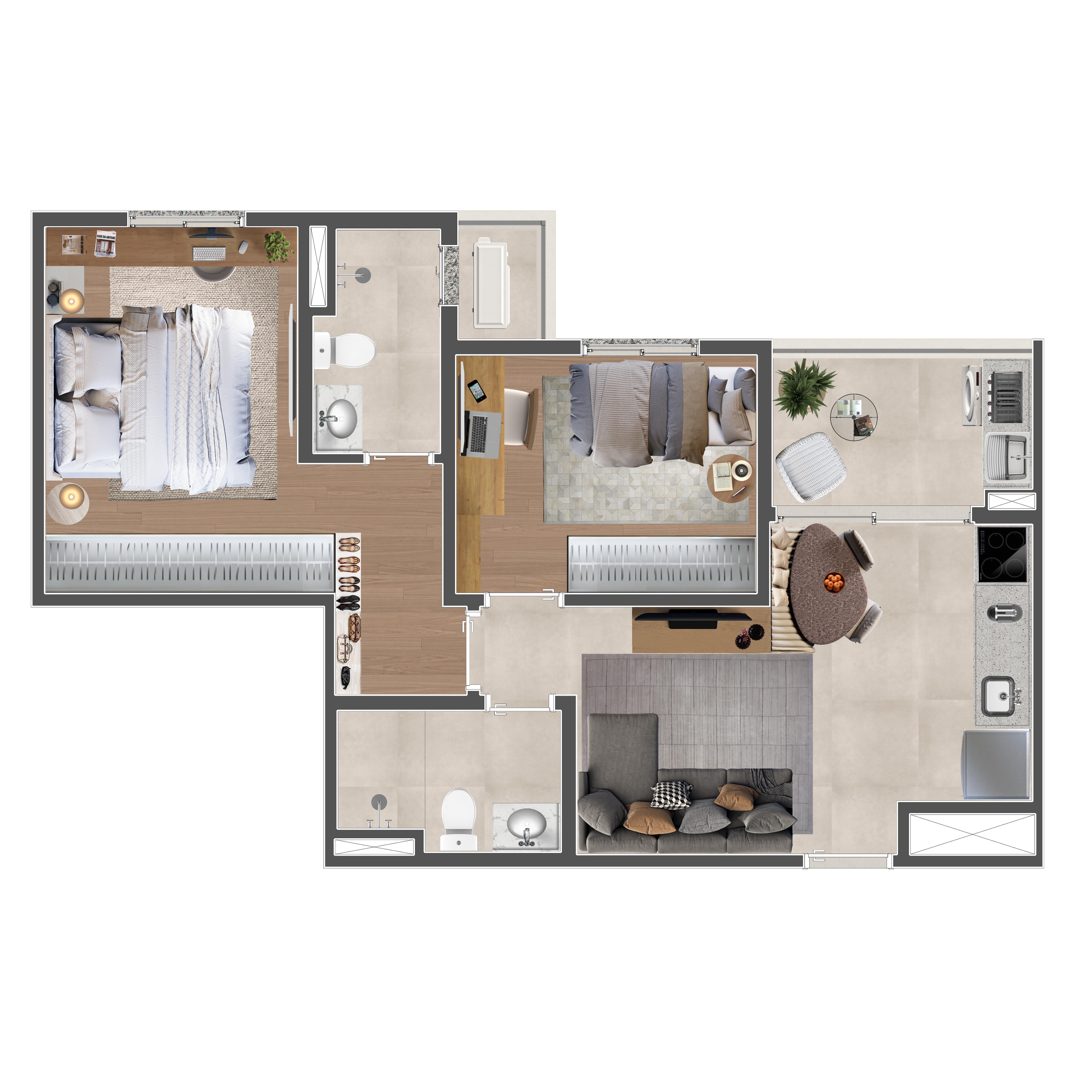 Planta 2 dormitórios 55m²