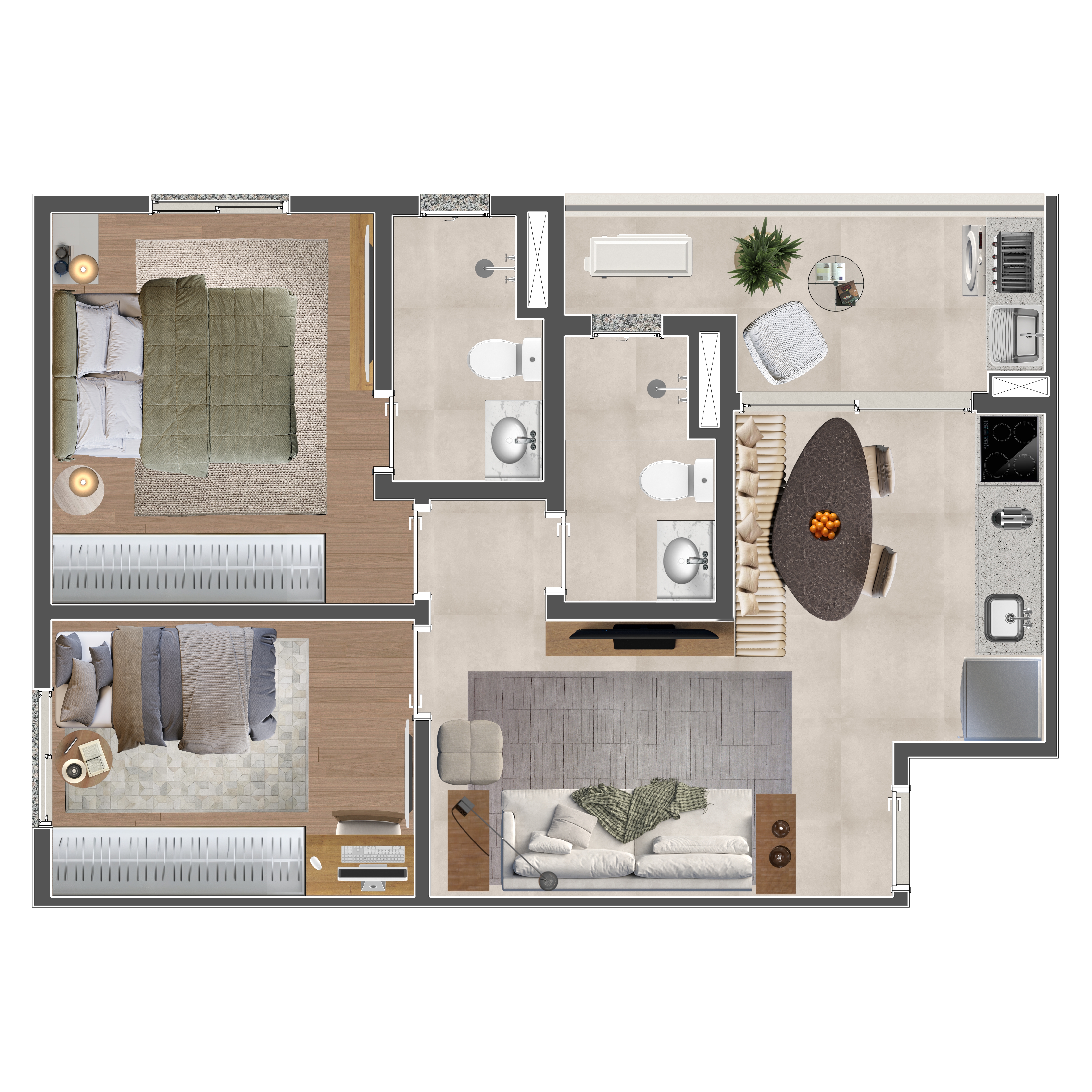 Planta 2 dormitórios 54m²