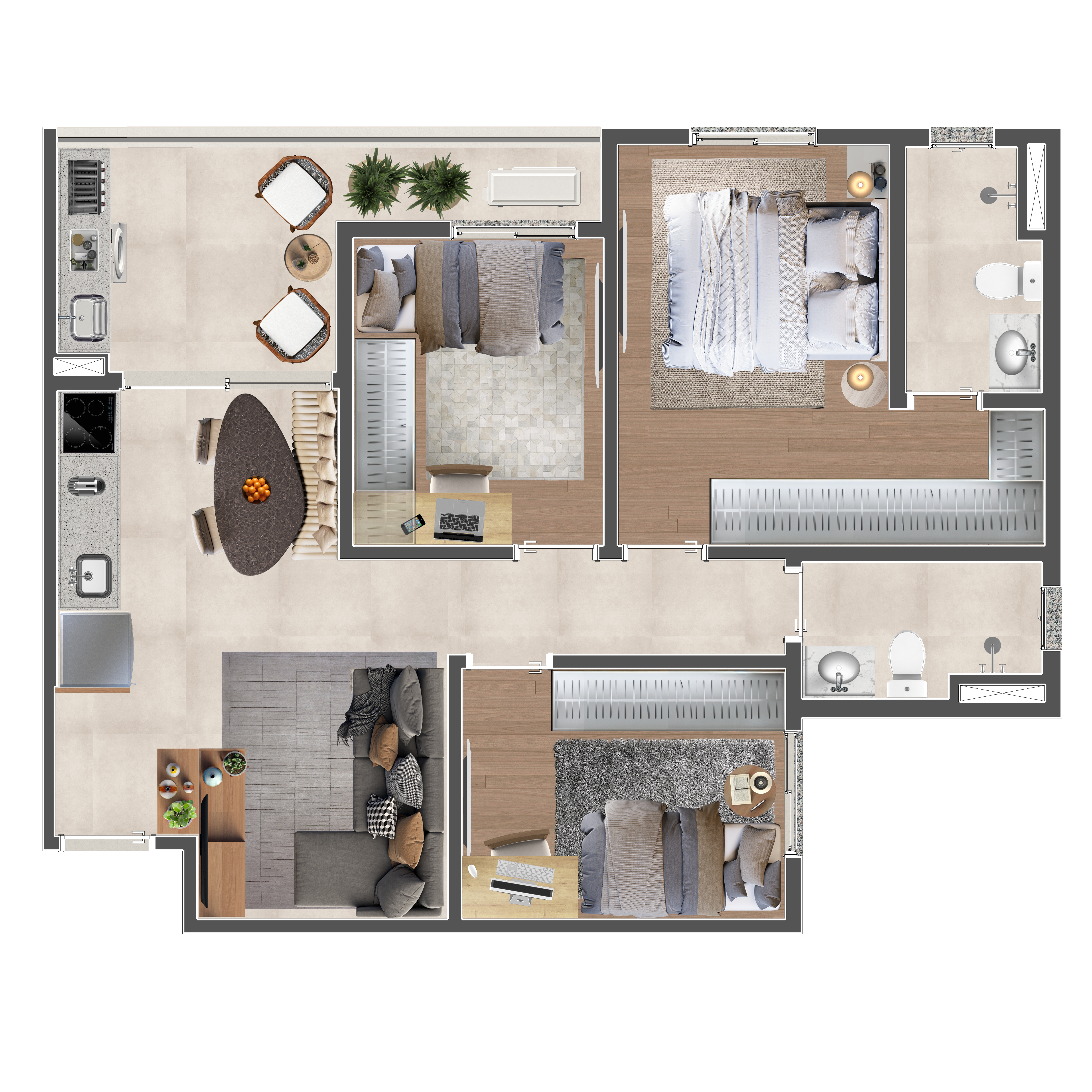 Planta 3 dormitórios 70m²